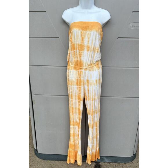 NEW Chaser Yellow Tie Dye Draped Back Bell Bottom Strapless Jumpsuit Sz Med - Picture 4 of 11